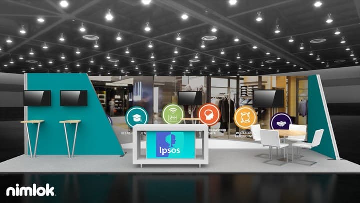 Modern trade show booth design for Ipsos featuring teal accent walls, video displays, counter, and seating area.