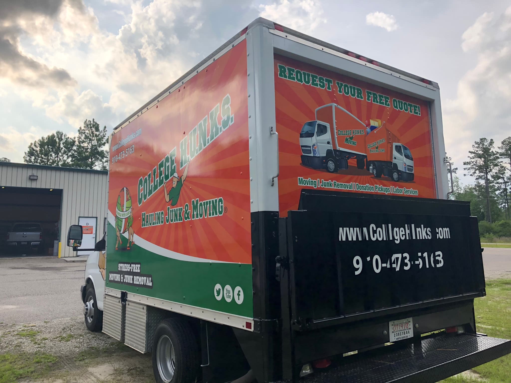 Full vinyl vehicle wrap on a College Hunks Hauling Junk & Moving box truck.