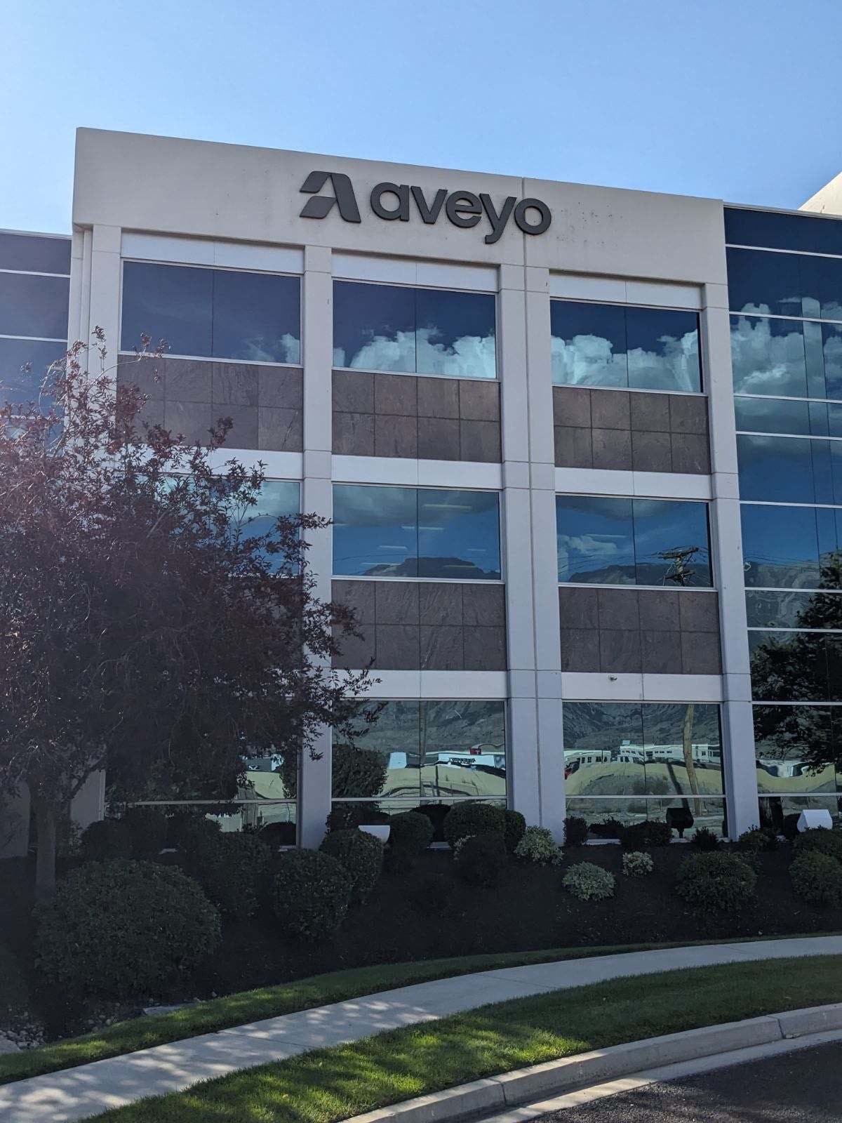 Exterior building sign reading Aveyo mounted at the top of a modern glass office building.