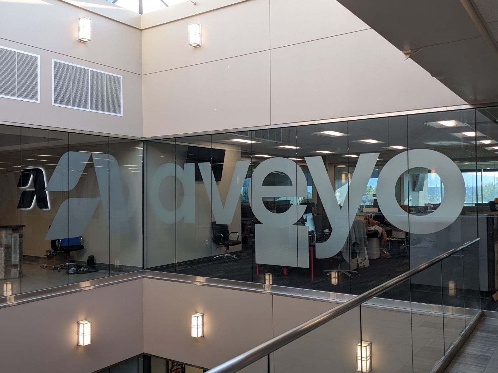 Frosted vinyl logo and lettering on large glass office walls overlooking an interior atrium.