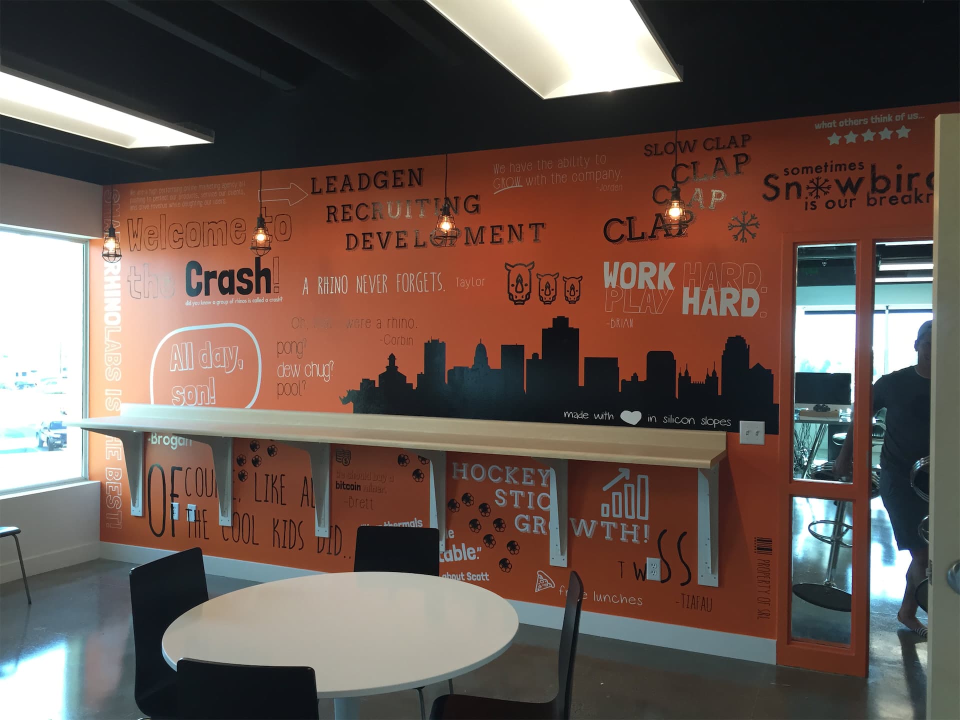Bright orange wall mural featuring custom typography and skyline artwork in a modern office breakroom.