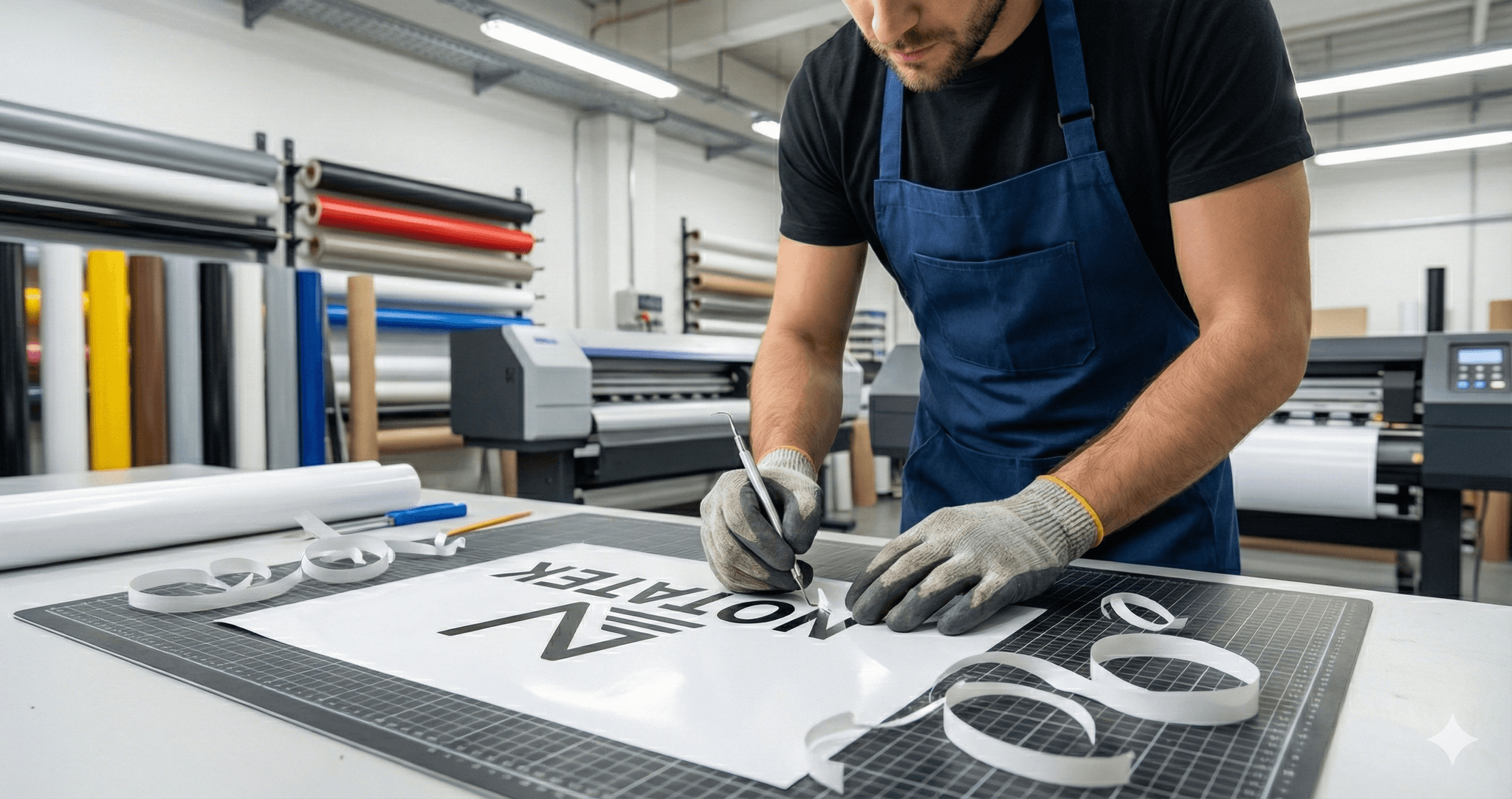 Signage professional weeding black vinyl lettering on a cutting mat in a print shop with vinyl rolls in background.