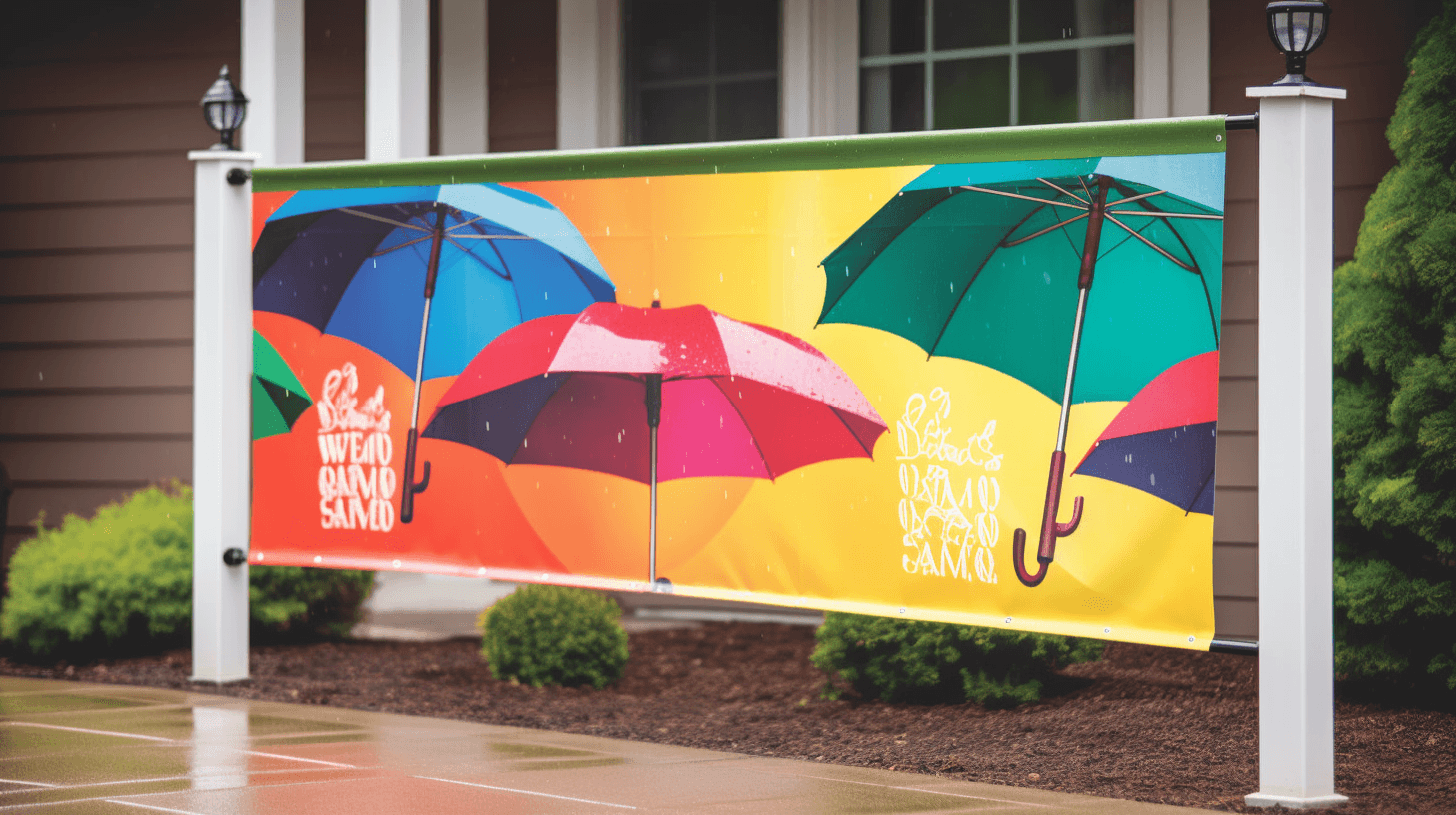 Large colorful promotional banner with umbrella graphic, mounted between two lamp posts outdoors in a garden setting.