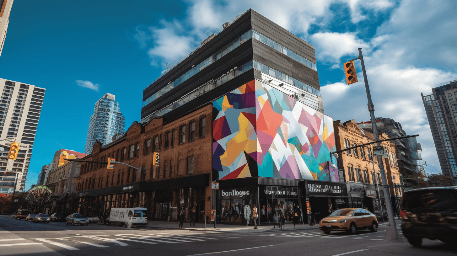 A large, multi-story building at a city intersection features a striking geometric abstract mural covering its facade.