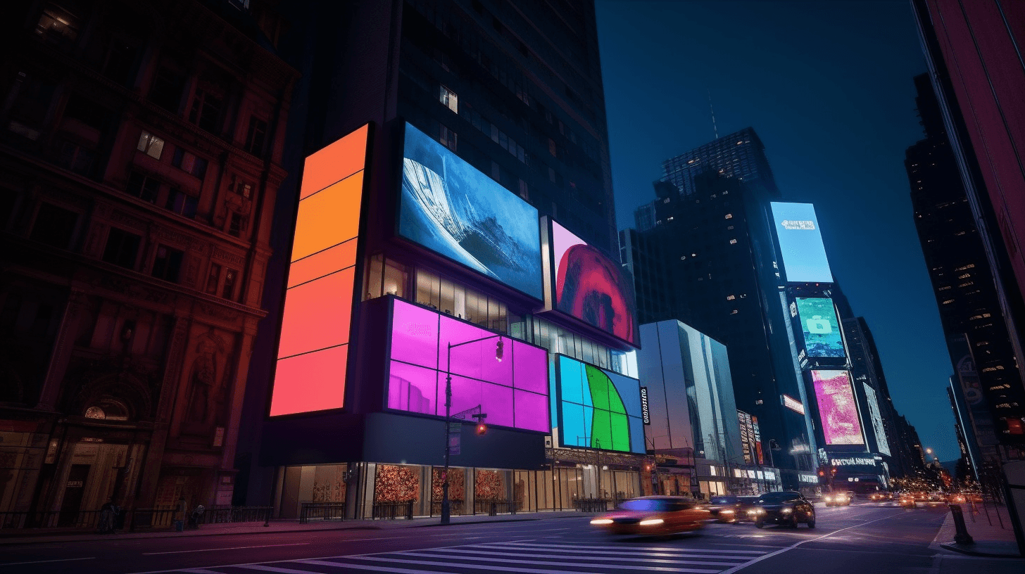 City street at night with multiple large, illuminated LED video screens and billboards displaying abstract colors and art.