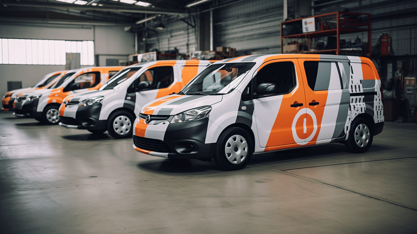 Four small white vans with matching orange, grey, and white graphic wraps parked in a workshop.