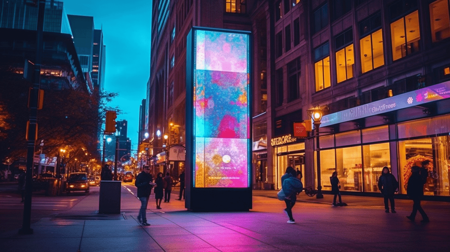 A large vertical LED pylon sign displaying colorful abstract graphics stands on a city sidewalk at night with pedestrians.