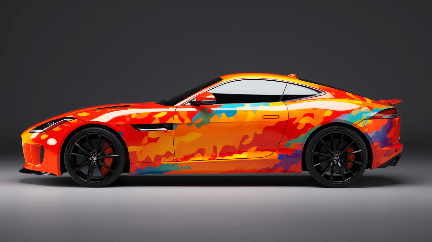 A sleek sports car featuring an intricate, multi-colored abstract vinyl wrap in a studio setting.