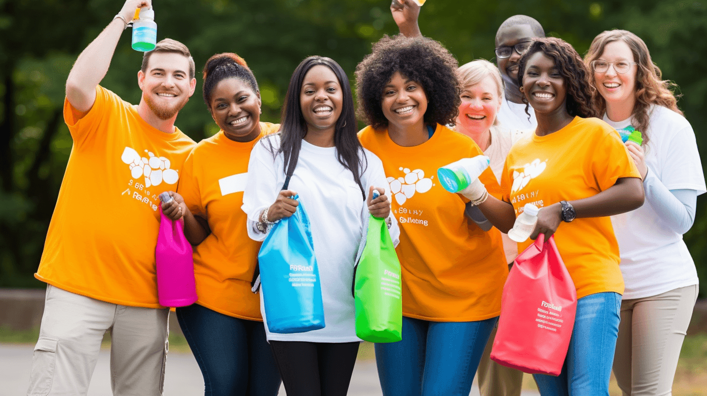 A group of diverse people smiling and holding branded t-shirts, bags, and water bottles.