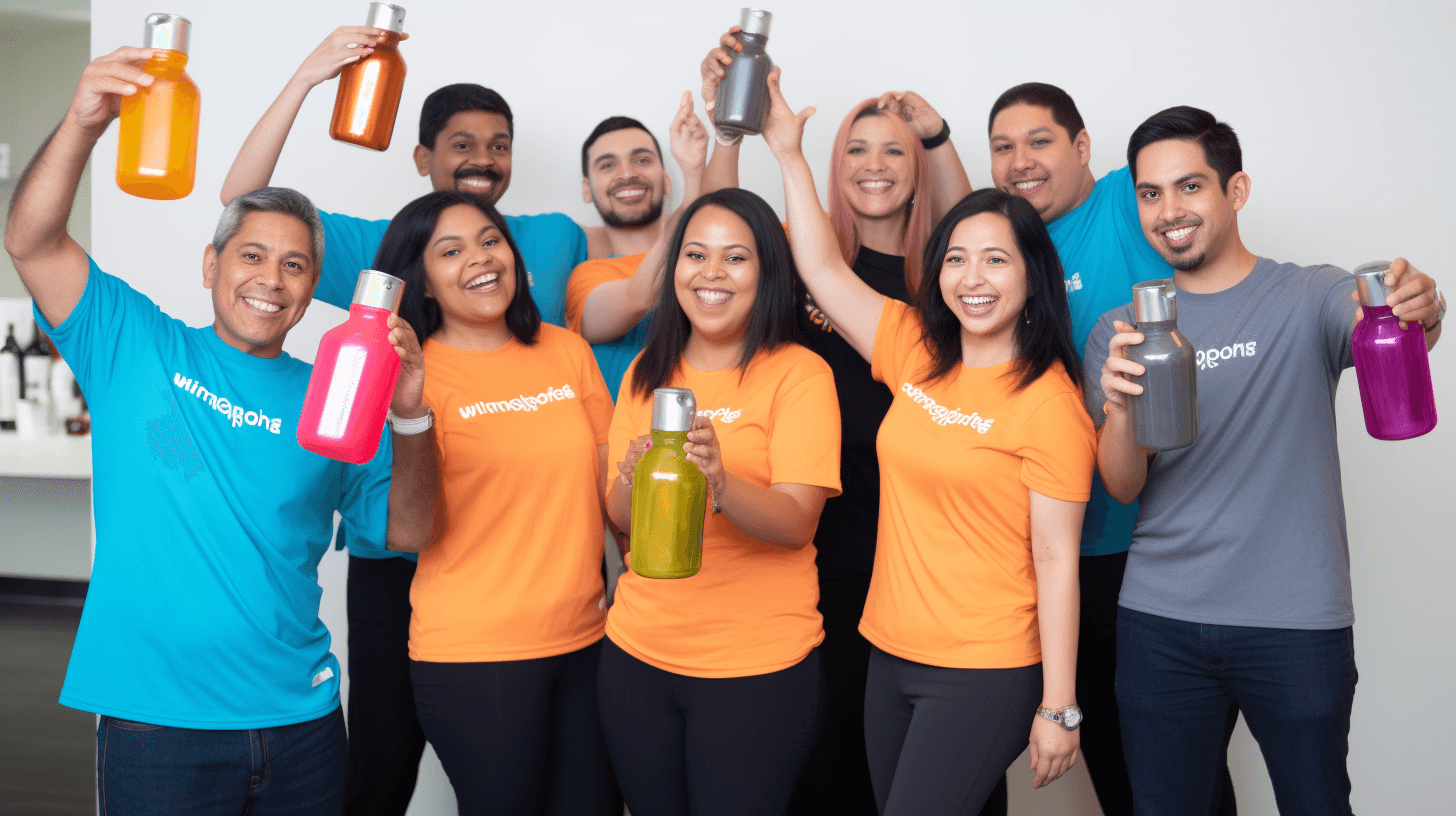 A group of nine diverse people holding up colorful branded water bottles, wearing matching orange and blue t-shirts.