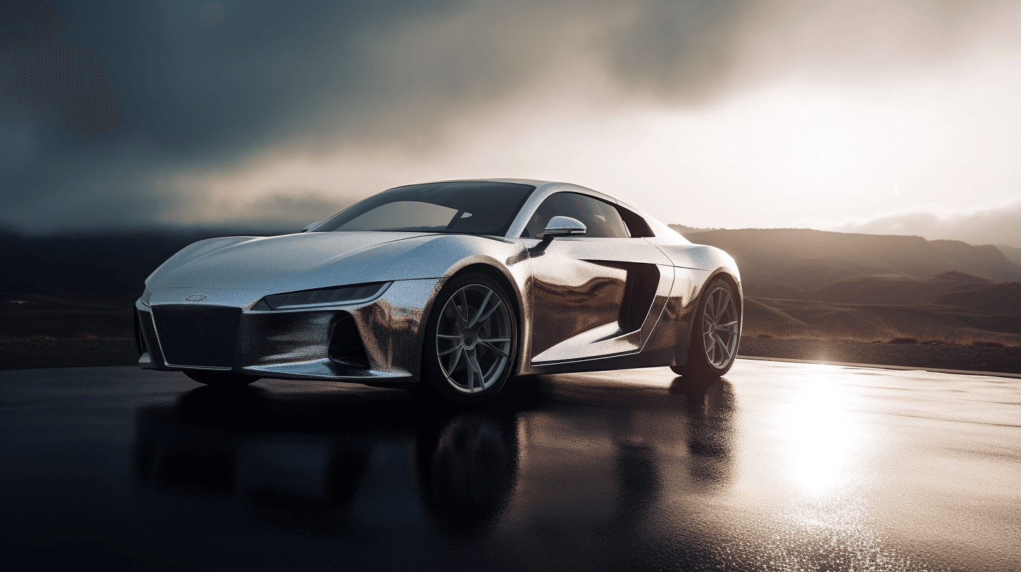 A silver sports car with a unique textured, metallic diamond-pattern finish parked outdoors at sunset on a wet road.