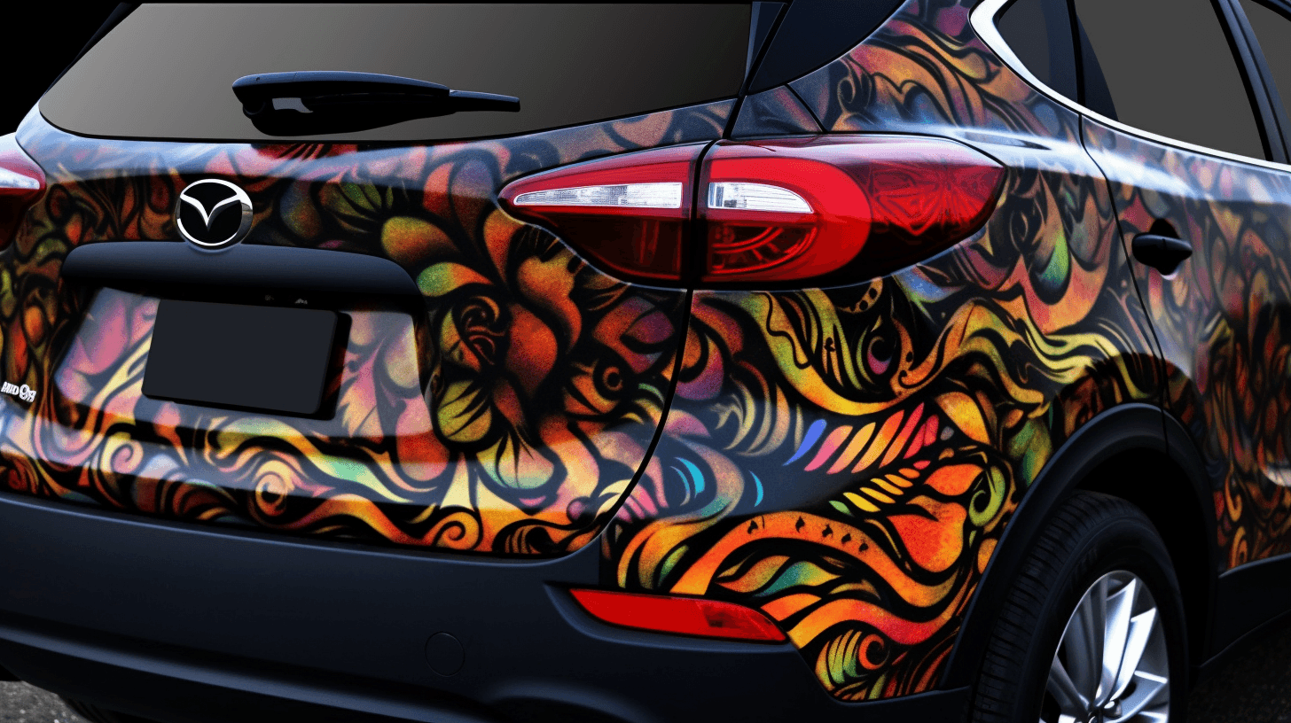 A photo of the rear and side of a silver Mazda SUV covered in a vibrant, multi-colored custom vinyl wrap.
