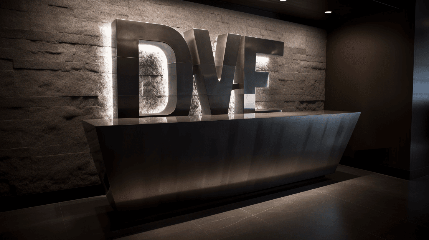 Dimensional backlit 'DVE' metal sign behind a matching brushed metal reception desk in an upscale lobby.