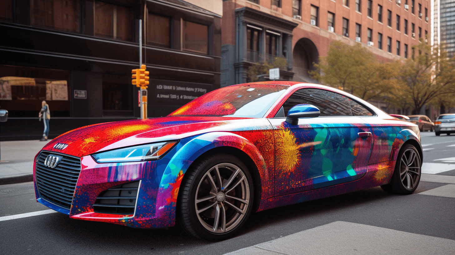 An Audi TT sports coupe parked on a city street, covered in a vibrant, multi-colored abstract paint-splatter vinyl wrap.