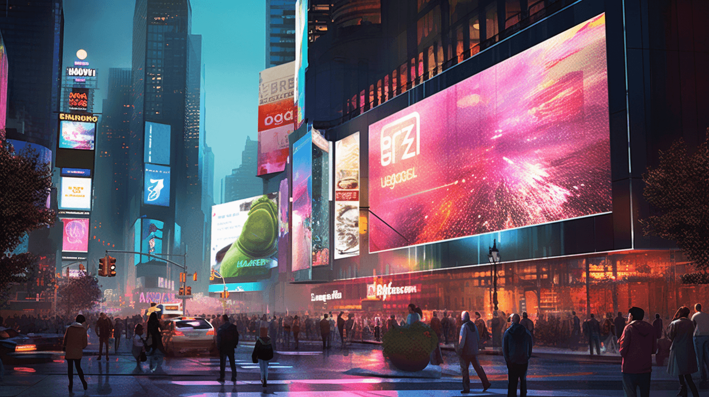 A stylized digital painting of a bustling city at night with massive glowing LED video billboards, particularly a large pink/red screen displaying 'brz' and 'wagers'.