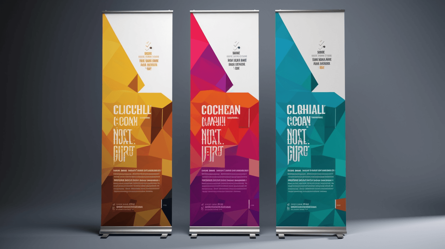 Three different design concepts for roll-up pull-up banners standing side-by-side with geometric patterns.