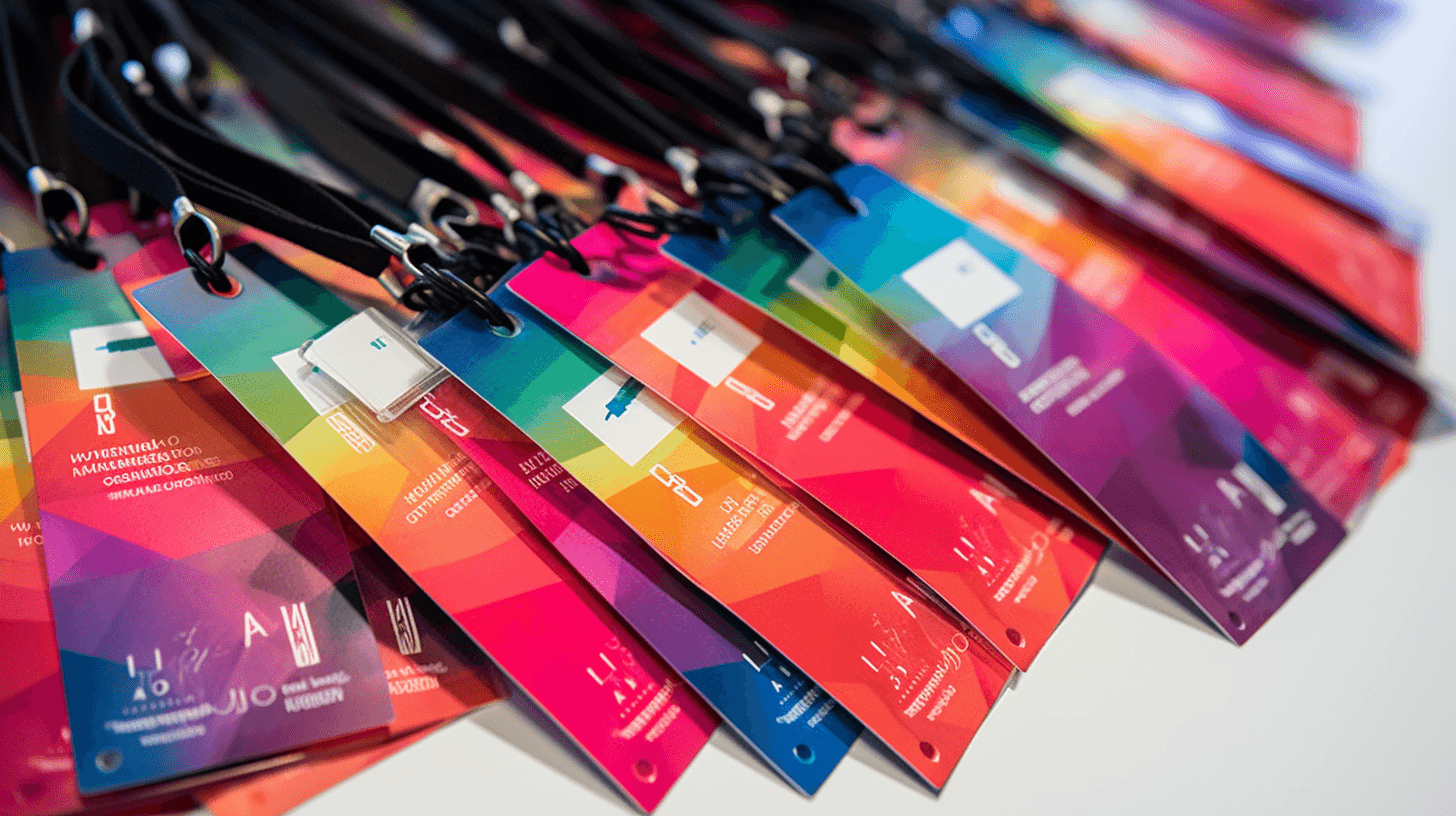 Rows of colorful printed ID badges and black lanyards fanned out on a light surface.