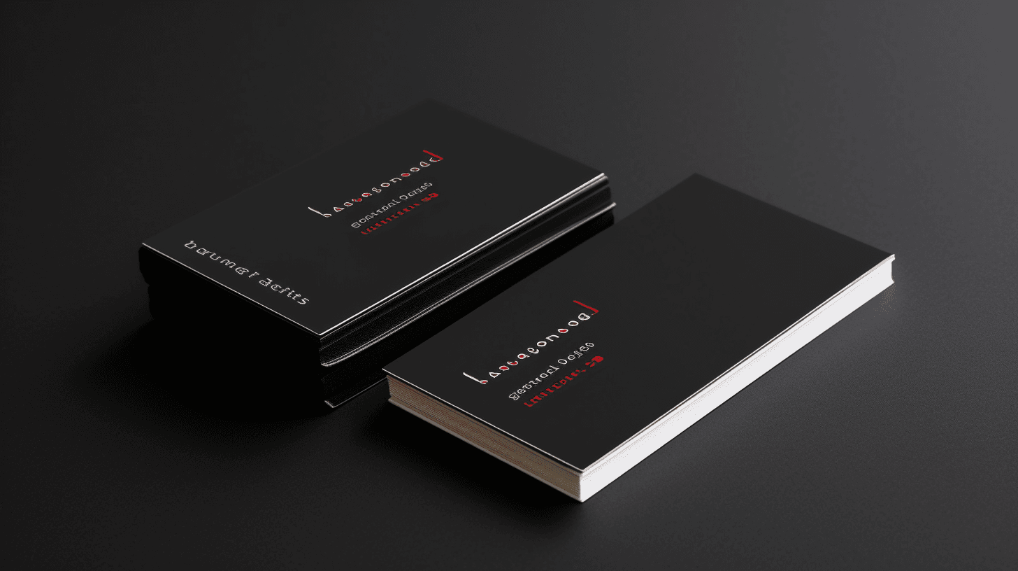 Mockup of two stacks of black business cards with stylized white and red text and a unique logo on a dark background.