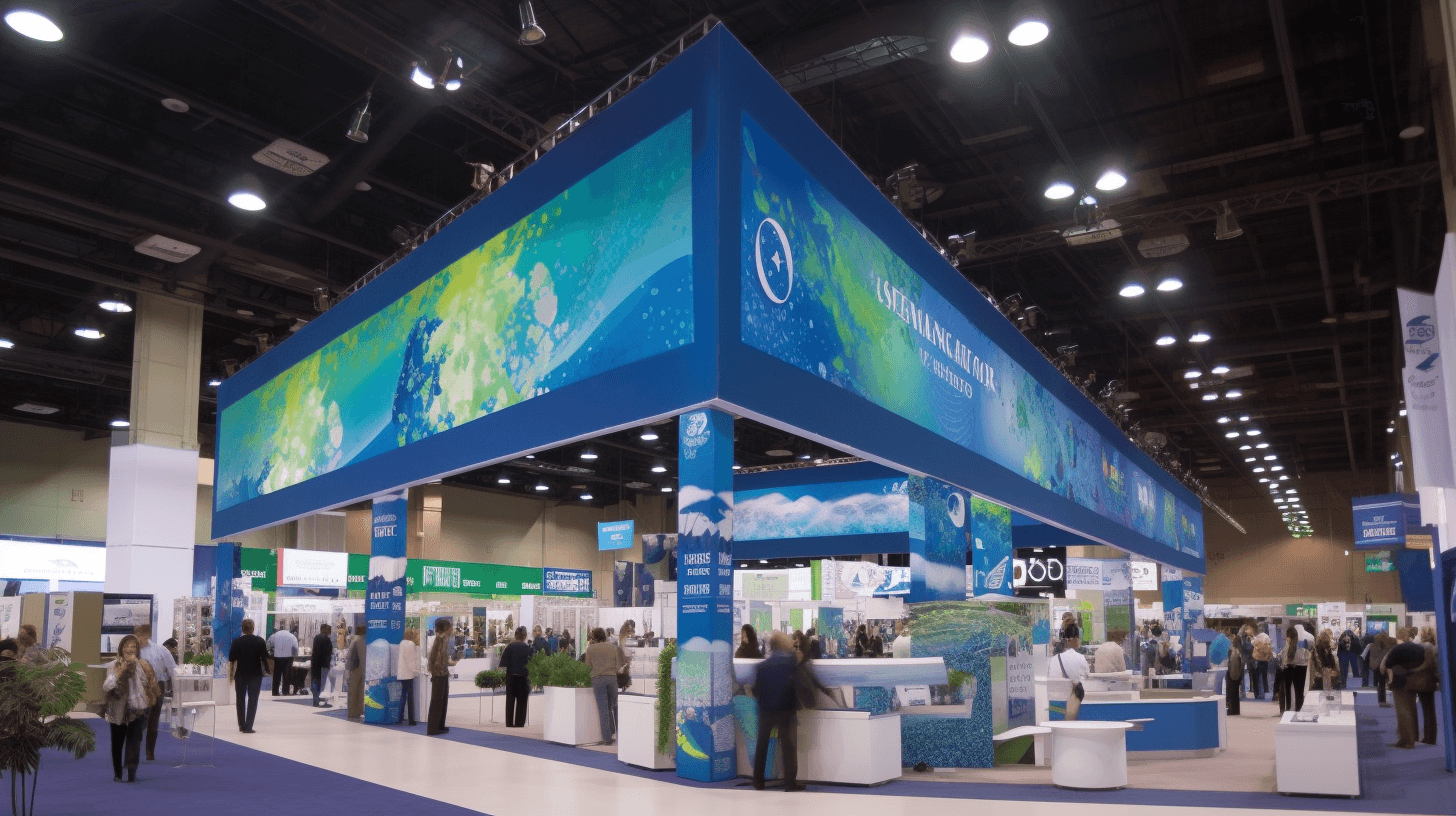 A large custom trade show booth for Oceanic Alliance featuring expansive blue and green fabric graphics and hanging signs, within a convention center with visitors.