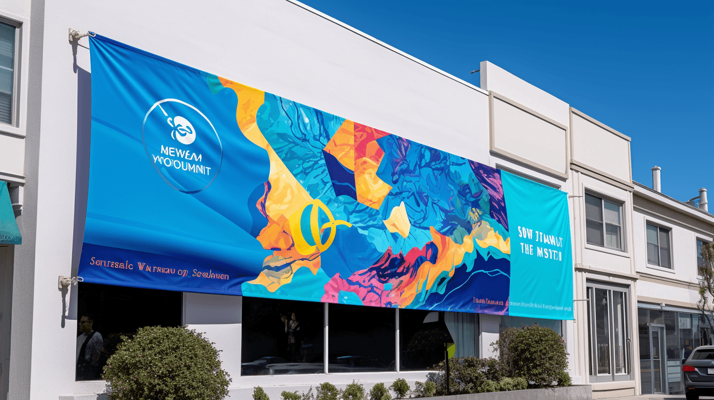A large, colorful graphic banner stretches across the exterior wall of a white building for a "Newen Women's Summit."